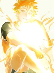 1boy commentary haikyuu!! highres hinata_shouyou karasuno_volleyball_uniform looking_at_viewer male_focus orange_eyes orange_hair oretsuu short_hair simple_background solo sportswear teeth volleyball_uniform