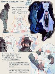 2others ambiguous_gender androgynous bioluminescence brown_gloves cheek_poking commentary covered_face diving_helmet diving_suit dry_suit english_text gloves glowing heart helmet highres hug hug_from_behind information_sheet jitome light_blush looking_at_another multiple_others multiple_views nervous_sweating original oxygen_tank pink_eyes poking rurupo sea_angel sitting slimy standard_diving_dress sweat tail tentacles translation_request see-through_body turtleneck underwater veins wet
