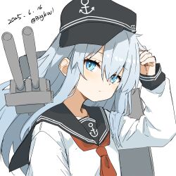 1girl absurdres anchor_symbol bigkwl black_hat black_sailor_collar blue_eyes blue_hair cannon dated flat_cap hat hibiki_(kancolle) highres kantai_collection long_hair machinery neckerchief one-hour_drawing_challenge red_neckerchief sailor_collar sailor_shirt shirt solo twitter_username upper_body white_shirt