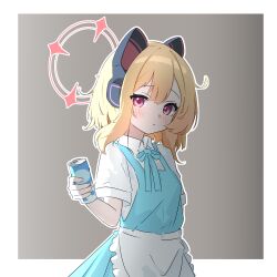 1girl :&lt; absurdres alternate_costume alternate_hairstyle animal_ear_headphones animal_ears apron aqua_bow aqua_bowtie arm_at_side asymmetrical_hair blonde_hair blue_archive blush border bow bowtie can cat_ear_headphones cat_ears closed_mouth clothing_request collared_shirt dot_nose double-parted_bangs drink_can fake_animal_ears frilled_apron frills gradient_background grey_background hair_between_eyes halo hand_up headphones highres holding holding_can huajiao looking_at_viewer looking_to_the_side medium_hair momoi_(blue_archive) no_hair_bow outline outside_border pink_eyes pink_halo shirt short_sleeves side_ahoge sidelocks simple_background solo three_quarter_view upper_body waist_apron white_apron white_border white_outline white_shirt