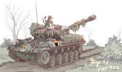 1girl absurdres bare_tree bottle braid cannon cat_tail caterpillar_tracks chinese_commentary commentary_request dated highres kaenbyou_rin m18_hellcat military military_vehicle motor_vehicle multiple_tails outdoors pzgr.40 signature solo tail tank touhou tree twin_braids two_tails wide_shot