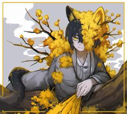 1boy animal_ears black_hair branch cat_ears cat_tail crossed_arms e.g.o_(project_moon) flaw_eight flower folded_fan folding_fan grey_hanbok hand_fan holding holding_fan kemonomimi_mode korean_clothes limbus_company long_sleeves lying male_focus on_stomach project_moon short_hair solo spicebush_(e.g.o) tail technology_liberation_alliance_(identity)_(project_moon) wide_sleeves yellow_eyes yellow_flower yi_sang_(project_moon)