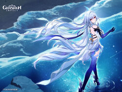 1girl backless_dress backless_outfit bare_shoulders breasts commentary dress english_commentary genshin_impact grey_hair hair_between_eyes hair_ornament highres long_hair looking_back ocean official_art prosthesis prosthetic_arm red_eyes ripples skirk_(genshin_impact) thighs very_long_hair walking walking_on_liquid water white_dress