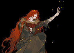 1girl amputee black_background brown_dress cape dress elden_ring falling_petals fan_mu_zhang fur-trimmed_cape fur_trim highres hollow_eyes long_hair malenia_blade_of_miquella missing_limb outstretched_arm parted_lips petals red_cape red_hair scar scar_on_arm scar_on_face simple_background solo wavy_hair