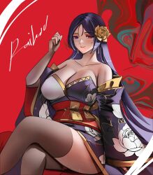 1girl absurdres black_thighhighs breasts character_name cleavage crossed_legs earrings fate/grand_order fate_(series) floral_print floral_print_kimono flower hair_flower hair_ornament highres japanese_clothes jewelry kimono large_breasts long_hair looking_at_viewer minamoto_no_raikou_(fate) missing_commentary notgustiarp pink_hair print_kimono purple_eyes purple_hair purple_kimono red_background sitting smile thighhighs very_long_hair