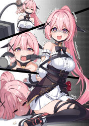 &gt;_&lt; 1girl :i absurdres armpit_crease arms_behind_back asymmetrical_legwear bare_shoulders bat_ornament belt black_belt black_bow black_bowtie black_choker black_footwear black_thighhighs bottle bound bound_arms bow bowtie center_frills choker clothing_cutout collarbone commentary counter:side detached_sleeves dress drooling fangs flying_sweatdrops food frills garlic gradient_background grey_background hair_between_eyes hair_intakes hair_ornament half-closed_eyes hand_in_another&#039;s_mouth heart heart_choker heart_cutout highres holding holding_food holding_vegetable long_hair losvje1024 machine-g.a.p. mechanical_arms motion_lines multiple_belts multiple_views partially_shaded_face pink_eyes pink_hair pink_sandals pleated_dress ponytail potion red_bag robot sandals scared shaking_head short_dress sitting sleeveless sleeveless_dress solo_focus strapless strapless_dress tearing_up tears teeth thighhighs tied_up_(nonsexual) tongue trembling underbust uneven_legwear vegetable very_long_hair wavy_mouth white_background white_dress white_sleeves x_hair_ornament yanikka_shirokova yokozuwari