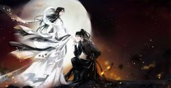 2boys arm_behind_back belt black_belt black_boots black_hair black_hanfu black_pants boots chinese_clothes chinese_commentary closed_mouth commentary_request downturned_eyes embers expressionless floating_clothes floating_hair floral_print full_body full_moon hagoromo hair_over_shoulder hair_tie hanfu high_ponytail highres hua_cheng kiss kissing_hand lips long_hair long_sleeves looking_at_another male_focus moon multiple_boys night night_sky on_one_knee outdoors pants ponytail puffy_long_sleeves puffy_sleeves shawl sky standing thick_eyebrows tianguan_cifu white_hanfu wide_sleeves xie_lian yaoi ye_dian_pikaqiu
