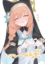 1girl absurdres animal_ear_headwear blue_archive blush brown_halo closed_eyes commentary_request fake_animal_ears halo heart-shaped_boob_challenge highres long_hair mari_(blue_archive) mikozin nun open_mouth orange_hair simple_background solo upper_body