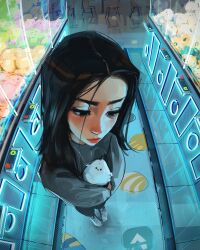 Rule 34 | 1girl, arcade, bird, black eyes, black hair, chair, crane game, fisheye, from above, frown, full body, grey sweater, highres, holding, holding stuffed toy, jewelry, long hair, necklace, neon lights, original, reflective floor, sam yang, shell, shell print, shoes, sneakers, solo, stuffed toy, sweater, tile floor, tiles, wooden chair