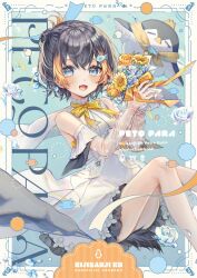 1girl :3 alternate_costume bird black_hair blue_eyes blush bouquet bow breasts detached_sleeves dress elbow_gloves english_text fish_hair_ornament flower folded_ponytail frills gloves hair_between_eyes hair_ornament highres holding holding_bouquet looking_at_viewer multicolored_hair nijisanji nijisanji_en orange_bow orange_hair penguin penguin_tail pentomo_(petra_gurin) petals petra_gurin rose see-through_clothes sidelocks small_breasts streaked_hair tail white_dress white_flower white_rose zuwaineko