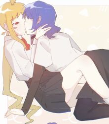 2girls ahoge between_legs black_pantyhose black_skirt blonde_hair blue_hair blush_stickers bocchi_the_rock! chinese_commentary closed_mouth commentary_request earrings hand_in_another&#039;s_hair hand_on_another&#039;s_neck haneeeeeee3 ijichi_nijika jewelry layered_sleeves long_hair long_sleeves medium_hair multiple_girls pantyhose pleated_skirt ponytail red_eyes shirt short_over_long_sleeves short_sleeves skirt stud_earrings undershirt white_shirt yamada_ryo yellow_background yuri