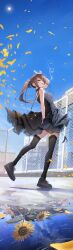 1girl absurdres arm_up bag black_collar black_dress black_shoes black_thighhighs blue_sky breasts brown_hair collar commentary_request day different_reflection dress earrings falling_petals flower from_side full_body hair_ornament hairclip handbag highres jewelry long_hair looking_at_viewer milky_way minakami_yuki mofukoke on_rooftop petals ponytail puddle reflection reflective_water rooftop shoes sky sleeveless sleeveless_dress small_breasts smoking solo star_(sky) starry_sky stud_earrings subarashiki_hibi sun sunflower sunlight thighhighs wind wind_lift zettai_ryouiki