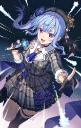 1girl :d artist_name asymmetrical_legwear beret black_gloves black_thighhighs blue_bow blue_eyes blue_hair blue_socks blush bow buttons crown double-breasted dress dutch_angle foot_out_of_frame frilled_dress frills gloves grey_hair grey_hat hair_between_eyes hat hat_ribbon highres holding holding_microphone hololive hoshimachi_suisei hoshimachi_suisei_(1st_costume) jacket long_sleeves microphone mini_crown night night_sky open_mouth partially_fingerless_gloves plaid_clothes plaid_hat plaid_jacket pointing ribbon rosuuri short_dress side_ponytail sky smile socks solo standing standing_on_one_leg star_(sky) star_(symbol) star_in_eye starry_sky symbol_in_eye thigh_strap thighhighs tilted_headwear uneven_legwear virtual_youtuber