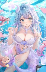1girl :o absurdres air_bubble artist_name bare_shoulders blue_eyes blue_gemstone blue_hair blue_nails blush breasts bubble cleavage clothing_cutout clothing_request collarbone commentary commission cosmetics dated day earrings english_commentary feeshyz fingernails fish gem hands_up highres indie_virtual_youtuber isari_sensei jellyfish jewelry large_breasts lipstick_tube long_fingernails long_hair looking_at_viewer multicolored_hair nail_art nail_polish navel navel_cutout open_mouth purple_hair seahorse seashell shell solo sunlight turtle underwater very_long_hair virtual_youtuber