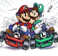 Rule 34 | !, 2boys, blue overalls, boots, brothers, brown footwear, brown hair, facial hair, gloves, go-kart, green headwear, green shirt, hat, highres, looking at another, luigi, mario, mario &amp; luigi rpg, mario (series), mario kart, masanori sato (style), multiple boys, mustache, nintendo, overalls, red headwear, red shirt, shirt, short hair, siblings, simple background, sitting, smoke, white background, white gloves, yamari (ya mari 6363)