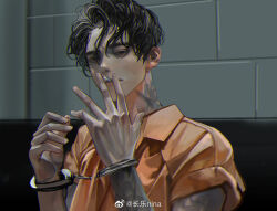 Rule 34 | 1boy, arm tattoo, black hair, changle (nina), character request, cigarette, closed mouth, copyright request, cuffs, curly hair, handcuffs, looking at viewer, male focus, neck tattoo, nose, parted bangs, prison clothes, short hair, smoking, solo, tattoo, upper body, watermark, weibo username, weibo watermark