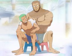 2boys abs anime_coloring burankoprn earrings flaccid foreskin green_hair indoors jewelry male_focus multiple_boys muscular muscular_male nipples one_eye_closed one_piece penis roronoa_zoro scar single_earring sitting smile soap_bubbles tony_tony_chopper towel_around_waist twitter_username washing