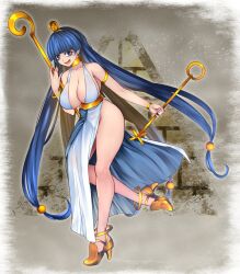 1girl alternate_costume aoshima blue_eyes blue_hair breasts cleavage closed_mouth commentary_request dress full_body gold_hairband gold_shoes grey_background hairband high_heels highres holding holding_scepter large_breasts legs long_hair looking_at_viewer michigami_nareko open_mouth pyramid_(structure) scepter shoes smile solo standing standing_on_one_leg touhou very_long_hair white_dress