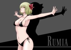 Rule 34 | 1girl, bikini, black bikini, blonde hair, breasts, character name, commentary request, medium breasts, navel, outstretched arms, parted lips, red eyes, rumia, shadow, side-tie bikini bottom, solo, spread arms, swimsuit, touhou, yamada satoshi