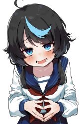 1girl absurdres ahoge black_hair blue_eyes blue_hair blue_sailor_collar blue_skirt blush cmyk:_sameda_kazuou_wa_chuunibyou_ga_naosenai cowboy_shot head_tilt highres ikezaki_shian koba long_sleeves looking_at_viewer multicolored_hair neckerchief nervous_smile red_neckerchief sailor_collar school_uniform serafuku shirt simple_background skirt smile solo steepled_fingers streaked_hair sweat wavy_mouth white_shirt