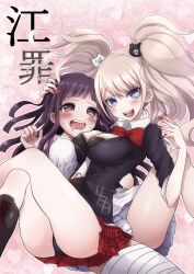 2girls bear_hair_ornament black_bra black_shirt blonde_hair blue_eyes blunt_bangs blush bow bowtie bra breast_press breasts collared_shirt commentary_request danganronpa:_trigger_happy_havoc danganronpa_(series) danganronpa_2:_goodbye_despair drooling enoshima_junko eyelashes hair_ornament hand_on_another&#039;s_head heart heart-shaped_pupils highres large_breasts long_hair multiple_girls nail_polish necktie no_symbol open_mouth outline purple_eyes purple_hair red_bow red_bowtie red_nails red_skirt saliva shirt skirt smile sweat symbol-shaped_pupils teeth thighs translation_request tsumiki_mikan twintails underwear upper_teeth_only usagigenki white_outline yuri