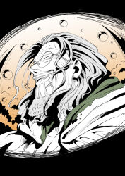 1boy beard cloak commentary_request facial_hair glasses hood hooded_cloak limited_palette long_hair looking_at_viewer male_focus musasabiop one_piece silvers_rayleigh smile solo water_drop