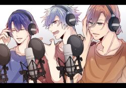 Rule 34 | 3boys, :d, aqua eyes, black border, blue hair, blue shirt, border, closed eyes, collarbone, grey background, grey eyes, hair between eyes, hair bun, hand on headphones, hand up, headphones, highres, hijirikawa masato, jinguuji ren, kurosaki ranmaru, letterboxed, looking at another, male focus, microphone, mole, mole under eye, multiple boys, music, open mouth, orange hair, orange shirt, pop filter, profile, red shirt, shirt, short hair, short sleeves, singing, single hair bun, smile, spiked hair, studio microphone, t-shirt, upper body, uta no prince-sama, vibrahat
