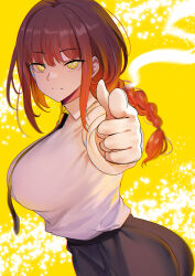 1girl absurdres black_necktie black_pants braid braided_ponytail breasts business_suit chainsaw_man collared_shirt finger_gun foreshortening formal_clothes high-waist_pants highres index_finger_raised large_breasts long_hair long_sleeves looking_at_viewer makima_(chainsaw_man) necktie outstretched_arm pants pointing pointing_at_viewer red_hair ringed_eyes shirt shirt_tucked_in sidelocks smile solo suit teddypocky white_shirt yellow_eyes