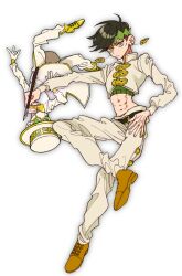 1boy 1other abs belt bkgk1123 black_belt black_hair brown_shoes coat commentary crop_top diamond_wa_kudakenai earrings green_eyes green_headband hand_on_own_hip hat headband heaven&#039;s_door high_collar highres holding holding_pen jewelry jojo_no_kimyou_na_bouken kishibe_rohan long_sleeves male_focus midriff nib_pen_(object) pants pen shirt shoes solo stand_(jojo) symbol-only_commentary upside-down white_background white_coat white_hat white_pants white_shirt yellow_shoes