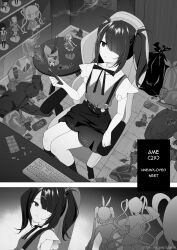 1girl ame-chan_(needy_girl_overdose) ame-chan_(school_uniform)_(needy_girl_overdose) black_hair black_socks blank_stare can chair character_doll chouzetsusaikawa_tenshi-chan chouzetsusaikawa_tenshi-chan_(dark_angel) chouzetsusaikawa_tenshi-chan_(playboy_bunny) computer_keyboard crumpled_paper curtains doll drink_can drugs electronic_cigarette figure food gaming_chair greyscale hair_ornament hair_over_one_eye highres ixopod looking_at_object messy_room monochrome neck_ribbon needy_girl_overdose noodles pill poster_(object) ramen ribbon short_twintails sidelocks skirt socks solo stuffed_toy suspender_skirt suspenders swivel_chair table trash_bag twintails unworn_clothes winged_sleeves wooden_floor x_hair_ornament