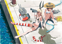 10s 2girls :d :o anchor anchor_hair_ornament bad_id bad_pixiv_id bag barefoot bikini binoculars black_bikini blonde_hair blue_eyes brown_hair bucket dock feet flat_chest frilled_bikini frills from_side groin hair_ornament hairband handbag hat hat_ribbon holding horns hose kantai_collection kinuta_kouji lifebuoy long_hair looking_afar lowleg lowleg_bikini multiple_girls narrow_waist navel open_mouth personification profile red_legwear rensouhou-chan revealing_tanlines ribbon rope rubber_duck shadow shimakaze_(kancolle) ship_turret short_hair side-tie_bikini_bottom single_horn single_thighhigh sitting smile spread_legs straw_hat string_bikini striped_clothes striped_legwear striped_thighhighs swim_ring swimsuit tan tankini tanline tanlines thighhighs water weapon white_bikini white_legwear wide_hips yellow_eyes yukikaze_(kancolle)