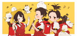 3girls akikuriii alternate_hairstyle animal animal_on_head ascot backpack bag bag_charm bird black_hair blush_stickers border brown_eyes buta_thunder_(vocaloid) castanets charm_(object) clone collared_shirt commentary_request conductor creator_connection dress expressionless facing_another floating_hair flute from_side hair_bobbles hair_ornament hands_on_another&#039;s_back hands_up hat highres holding holding_flute holding_instrument holding_flute instrument jitome kaai_yuki kyoufuu_all_back_(vocaloid) looking_ahead looking_at_viewer medium_hair multiple_girls music musical_note neoki_yashi_no_ki_(vocaloid) no_mouth on_head outside_border pig pinafore_dress playing_instrument profile puffy_short_sleeves puffy_sleeves randoseru recorder red_ascot red_bag red_dress school_hat shirt short_hair short_sleeves shoulder_angel shoulder_devil simple_background sleeveless sleeveless_dress songover topknot triangle_(instrument) upper_body v-shaped_eyebrows vocaloid whistling white_border white_shirt yellow_background