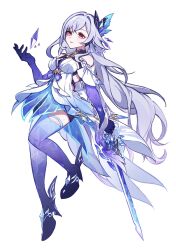 1girl bad_id bad_twitter_id breasts dress genshin_impact grey_hair high_heels highres holding holding_sword holding_weapon long_hair medium_breasts object_floating_above_hand parted_lips purple_hands purple_thighhighs red_eyes sikaku simple_background skirk_(genshin_impact) solo sword thighhighs weapon white_background white_dress