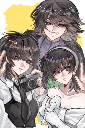 Rule 34 | 3girls, absurdres, alien stage, black dress, black eyes, black hair, black necktie, blue shirt, camera, chinese commentary, collared shirt, color connection, commentary request, crossover, dress, earrings, gloves, hair color connection, hairstyle connection, han sooyoung, highres, holding, holding camera, holding microphone, jewelry, medium hair, microphone, multiple crossover, multiple girls, necktie, off-shoulder dress, off shoulder, omniscient reader&#039;s viewpoint, pearl earrings, purple eyes, qiao ling, shiguang dailiren, shirt, shirt under dress, shiyounianwu, sleeveless, sleeveless dress, smile, sphere earrings, sua (alien stage), white dress, white gloves, white shirt