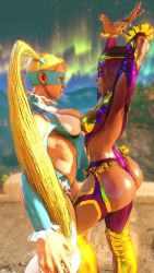 2019 2girls 3d ancient_egyptian artist_request ass ass_cutout aurora bandages blonde_hair blue_eyes blush boots breast_press breasts clothing_cutout cosplay curvy dark-skinned_female dark_skin domino_mask highleg highleg_leotard highres hip_focus huge_ass leotard looking_at_another mask menat multiple_girls purple_hair rainbow_mika rainbow_mika_(cosplay) shiny_skin smile street_fighter street_fighter_v thick_thighs thighs thong thong_leotard twintails wide_hips