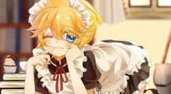 1boy all_fours alternate_costume apron black_shoes blonde_hair blue_eyes blurry blurry_background book bookshelf bucket commentary cowlick crossdressing cup cupcake dress enmaided eyes_visible_through_hair finger_to_mouth food frilled_apron frilled_dress frills hair_between_eyes hand_on_own_face high_ponytail highres indoors kagamine_len looking_at_viewer maid maid_apron maid_headdress male_focus male_maid mattari_haruto messy_hair mop neck_ribbon one_eye_closed ponytail red_ribbon ribbon shoes short_hair short_ponytail smile vocaloid