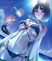 Rule 34 | 1girl, absurdres, animal ear fluff, animal ears, bakeneko, bikini, black choker, black nails, black tail, blue archive, blue bikini, blue halo, blue sky, blue tail, breasts, cat ears, cat girl, cat tail, choker, cleavage, closed mouth, cloud, cloudy sky, commentary request, criss-cross straps, day, fingernails, gradient tail, halo, haori, highres, japanese clothes, kikyou (blue archive), kikyou (swimsuit) (blue archive), layered bikini, looking at viewer, medium breasts, multiple tails, nail polish, naval cat holiday, navel, official alternate costume, outdoors, palm tree, short hair, side-tie bikini bottom, sky, smile, solo, swimsuit, tail, thighs, tree, two tails, white haori