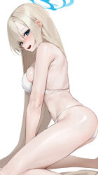 1girl :d absurdres armpit_crease asuna_(blue_archive) bikini blonde_hair blue_archive blue_eyes blue_halo blush breasts from_side halo highres kneeling large_breasts looking_at_viewer navel not_forever2w open_mouth simple_background smile solo stomach swimsuit thighs white_background white_bikini
