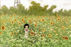 1girl black_hair dress field flower flower_field highres kazami_yuuka looking_at_viewer nihiru0513 original short_hair solo standing sunflower yellow_flower
