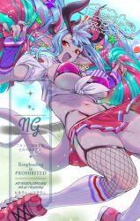Rule 34 | 1girl, belt, bikini, blue hair, blush, breasts, cleavage, collared shirt, colored skin, detached sleeves, double bun, earrings, fate/grand order, fate (series), fishnet thighhighs, fishnets, grey skin, hair between eyes, hair bun, hair ornament, hoop earrings, horns, ibuki douji (fate), ibuki douji (swimsuit berserker) (fate), ibuki douji (swimsuit berserker) (second ascension) (fate), jewelry, large breasts, long hair, looking at viewer, miniskirt, multicolored hair, navel, necktie, oni, open mouth, pink bikini, pink hair, pink shoes, pink skirt, pleated skirt, pointy ears, pom pom (cheerleading), red eyes, shirt, shoes, short sleeves, sidelocks, skirt, smile, sneakers, solo, star (symbol), star hair ornament, swimsuit, tail, thighhighs, thighs, tied shirt, torichamaru, white shirt