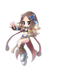 1girl bikini bikini_top_only blush book boots breasts bright_pupils brown_boots brown_capelet brown_eyes brown_gloves brown_hair brown_skirt capelet closed_mouth commentary_request fingerless_gloves full_body gloves highres holding holding_book looking_afar navel pelvic_curtain pinwheel_hair_ornament ragnarok_online sage_(ragnarok_online) short_hair simple_background skirt small_breasts smile solo striped_capelet swimsuit white_background white_pupils yuru4u