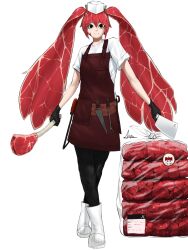 Rule 34 | 1girl, absurdres, alternate color, alternate costume, apron, artrextino, black gloves, black pants, boned meat, boots, brown apron, food, gloves, hat, hatsune miku, highres, holding, holding knife, knife, looking at viewer, meat, meat hair, original, pants, red hair, shirt, short sleeves, simple background, twintails, vocaloid, white background, white boots, white hat, white shirt