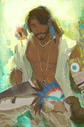 1boy abs animal animal_on_shoulder bara beard biceps bird bird_on_shoulder brown_hair commentary dark-skinned_male dark_skin dated english_commentary facial_hair feather_hair_ornament feathers grin hair_ornament highres indian jewelry looking_at_viewer male_focus mask mechanical_arms navel necklace nipples pants pectorals reverse:1999 shamane shin_0z shirt signature single_mechanical_arm sitting smile topless_male white_pants white_shirt