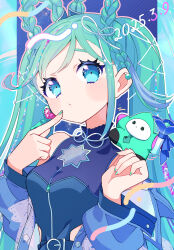 Rule 34 | 1girl, aqua eyes, aqua hair, aqua nails, blue jacket, blush, braid, breasts, closed mouth, crop top, earrings, finger to cheek, hair between eyes, hair ornament, hatsune miku, heart, heart earrings, highres, jacket, jewelry, kusunokimizuha, long hair, long sleeves, looking at viewer, magical mirai (vocaloid), magical mirai miku, magical mirai miku (2025), medium breasts, miku day, official alternate costume, official alternate hairstyle, twin braids, twintails, upper body, very long hair, vocaloid