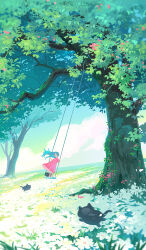 1girl artist_name black_cat blue_sky cat cloud day dress field floating_hair flower flower_field grass highres holding huhv. long_hair nature original outdoors pink_dress red_dress red_flower scenery sky solo standing swing tree white_flower wide_shot wind
