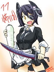 10s 1girl apron eyepatch female_focus gradient_background headgear kantai_collection necktie panties purple_hair radish school_uniform short_hair solo sword tatsumi_ray tenryuu_(kancolle) thighhighs underwear weapon yellow_eyes