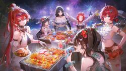 6+girls aerial_fireworks alternate_costume aqua_eyes baizhi_(wuthering_waves) bangs_pinned_back bare_shoulders beach black_eyes black_hair braid breasts brown_hair camera chixia_(wuthering_waves) chyoel circle_facial_mark closed_mouth commentary_request cooking criss-cross_halter cup danjin_(wuthering_waves) denim denim_shorts drinking_glass eyewear_on_head fireworks flower food glasses grill grilling grin hair_between_eyes hair_flower hair_ornament halterneck hand_on_own_hip hat holding holding_camera holding_cup large_breasts lemonade long_hair looking_at_viewer low_twin_braids mark_under_both_eyes multiple_girls night night_sky off-shoulder_shirt off_shoulder official_art one_eye_closed outdoors parted_bangs ponytail purple_eyes red_eyes red_flower red_hair red_skirt shirt short_hair shorts skirt sky smile steak sunglasses taking_picture thighs twin_braids twintails very_long_hair white_hat white_shirt white_skirt wuthering_waves yangyang_(wuthering_waves) yinlin_(wuthering_waves) zhezhi_(wuthering_waves)