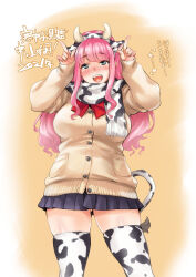 Rule 34 | 1girl, animal print, blush, bow, bowtie, breasts, brown sweater, cow horns, cow print, cow print thighhighs, cow tail, green eyes, hairband, highres, horns, large breasts, long hair, long sleeves, looking at viewer, open mouth, original, pink hair, print thighhighs, red bow, red bowtie, scarf, shirt, smile, solo, sweater, tail, takurou, thighhighs, translation request, two-tone background, white background, white shirt, yellow background