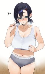 1girl black-framed_eyewear blue_eyes blush breasts cleavage collarbone glasses grey_panties hair_ornament hairclip highres large_breasts looking_to_the_side mm_(yoromu) navel original over-rim_eyewear panties semi-rimless_eyewear short_hair short_twintails solo twintails underwear white_background