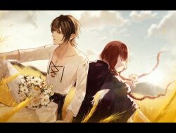 1boy 1girl adversarial_noise amagami_akira back-to-back birthday black_robe braid brown_eyes brown_hair closed_eyes fata_morgana_no_yakata feet_out_of_frame flower flower_wreath holding holding_flower jacopo_bearzatti letterboxed light_smile long_hair morgana_(fata_morgana_no_yakata) on_ground outdoors red_hair robe short_hair sitting twin_braids v-neck very_long_hair wheat wheat_field